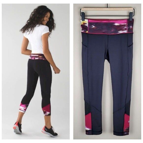 Lululemon Size 4 Pace Rival Crop Leggings Black Pigment Wind Berry Rumble Multi - Picture 1 of 12